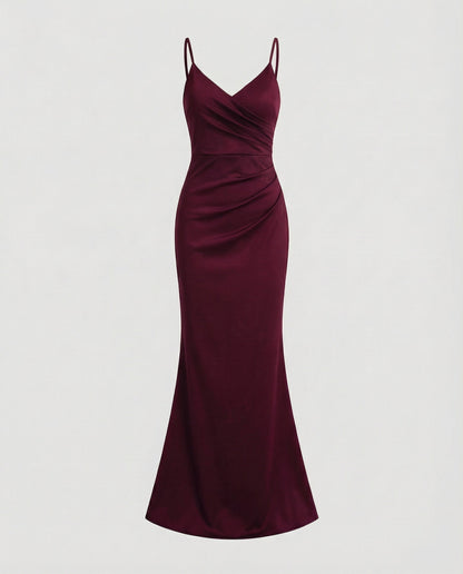 Women Figure-Hugging Mermaid Cut Mixed Fabric Evening Dress - Bordeaux colorway