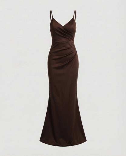 Women Figure-Hugging Mermaid Cut Mixed Fabric Evening Dress - Dark Brown colorway