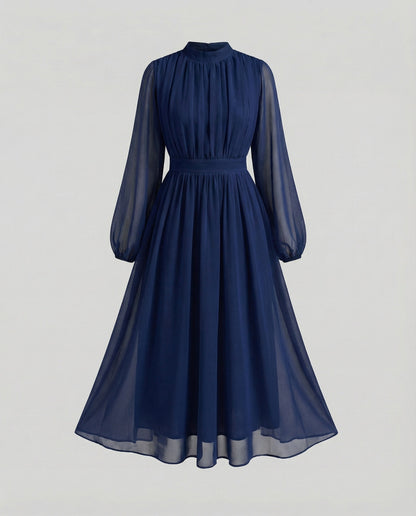 Women Flowing Balloon Sleeves Chiffon Midaxi Dress - Navy Blue colorway
