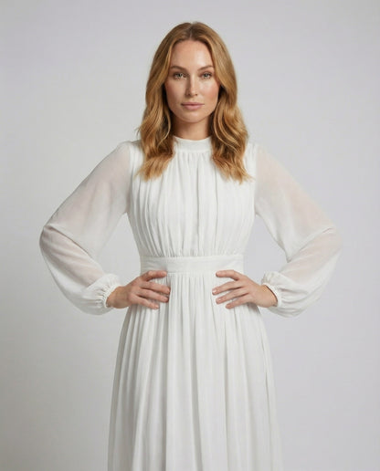Women Flowing Balloon Sleeves Chiffon Midaxi Dress - upper body detail