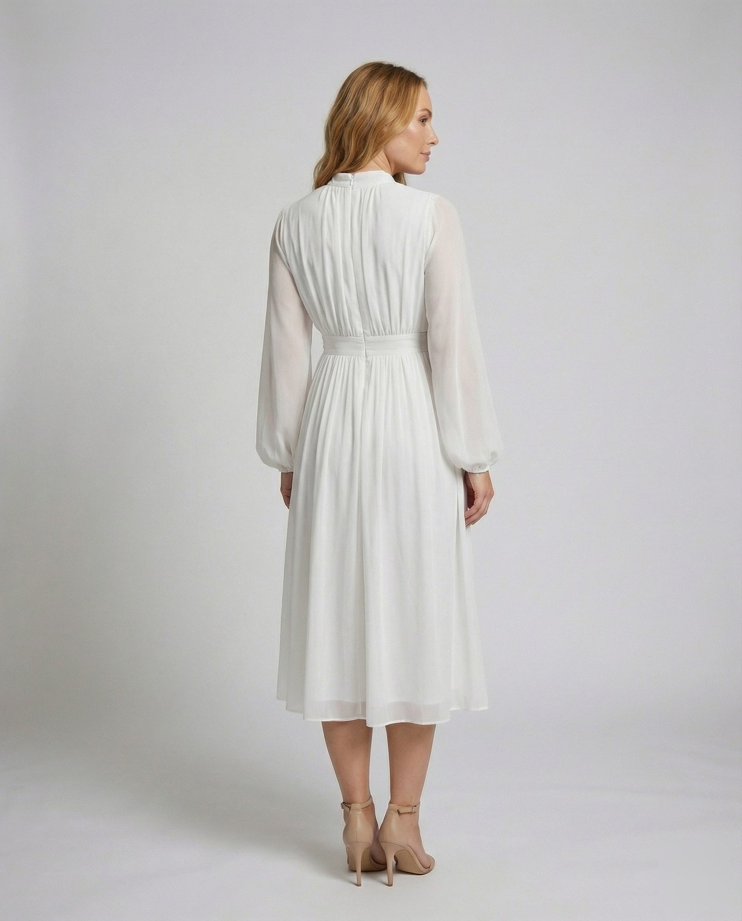Women Flowing Balloon Sleeves Chiffon Midaxi Dress - back view