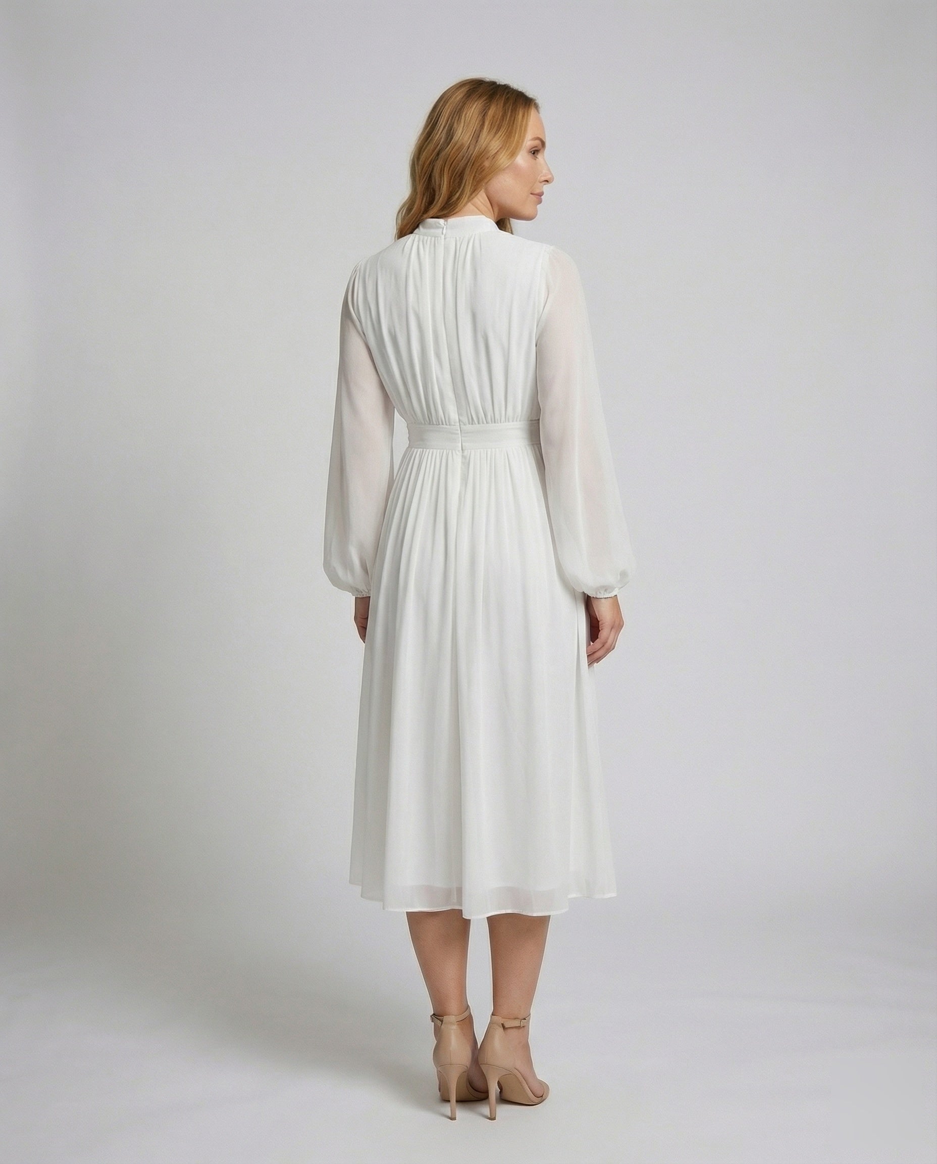 Women Flowing Balloon Sleeves Chiffon Midaxi Dress - back view