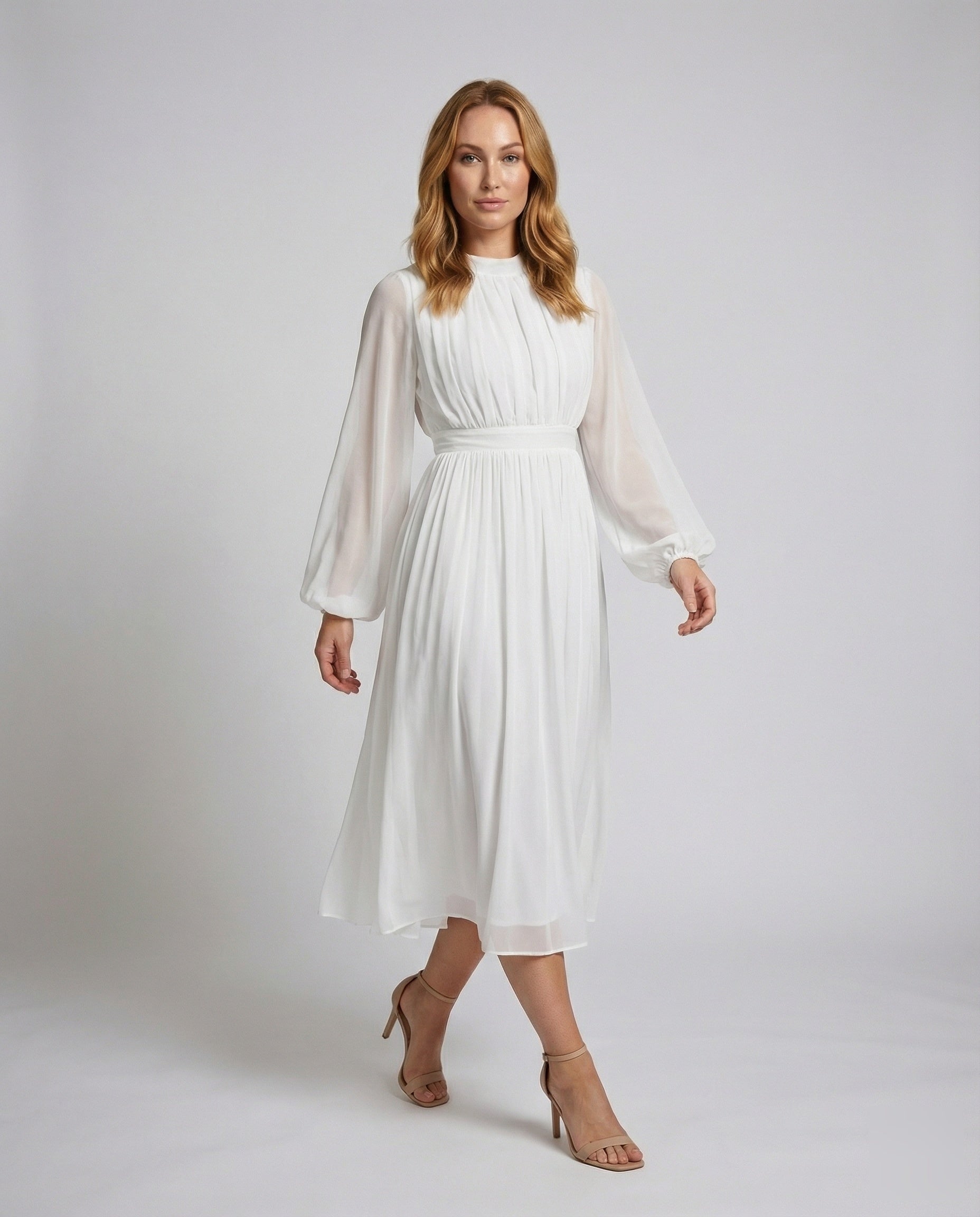 Women Flowing Balloon Sleeves Chiffon Midaxi Dress - front view