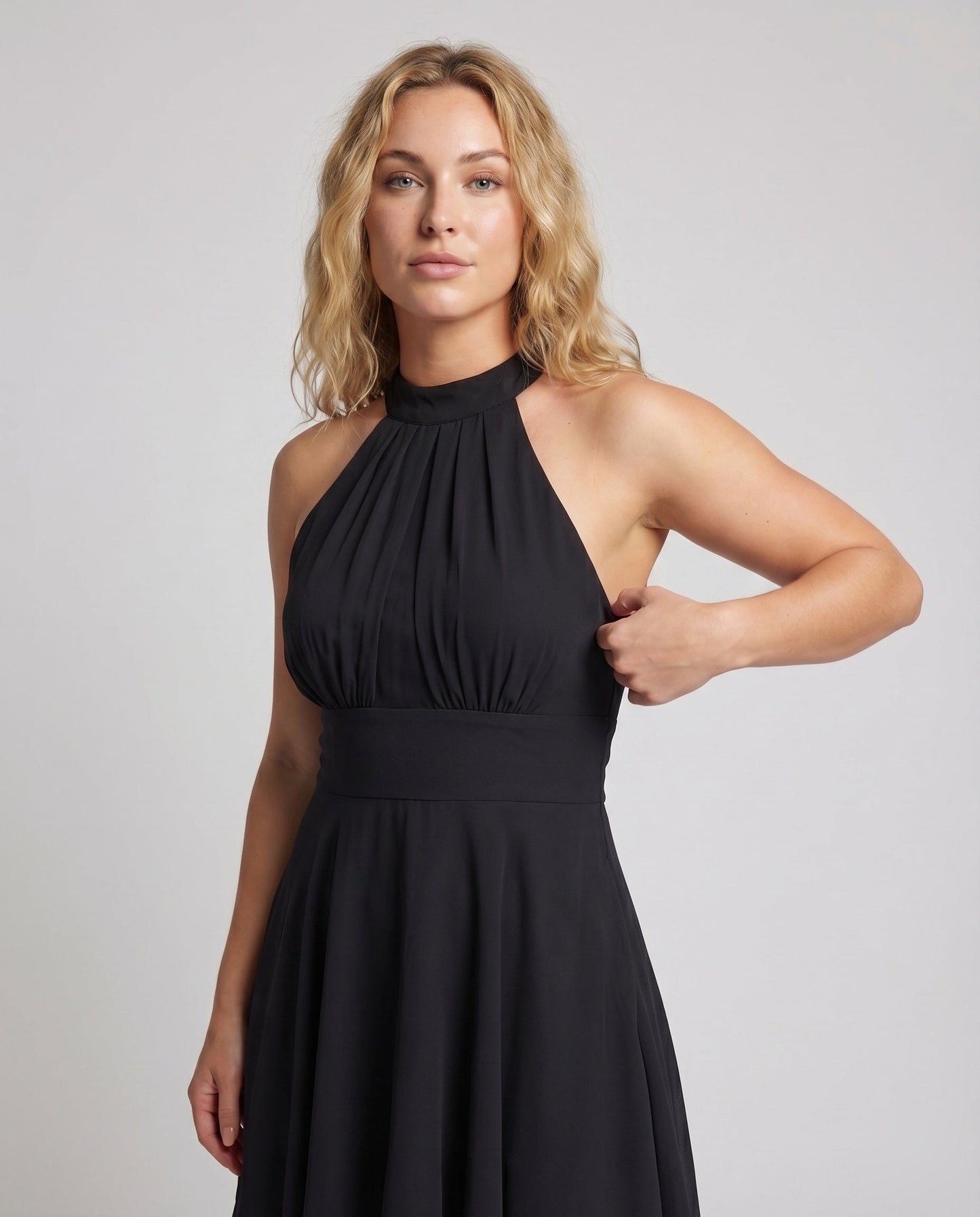 Women Halter Dress Chiffon Ruffle Tiered Hem - upper body detail