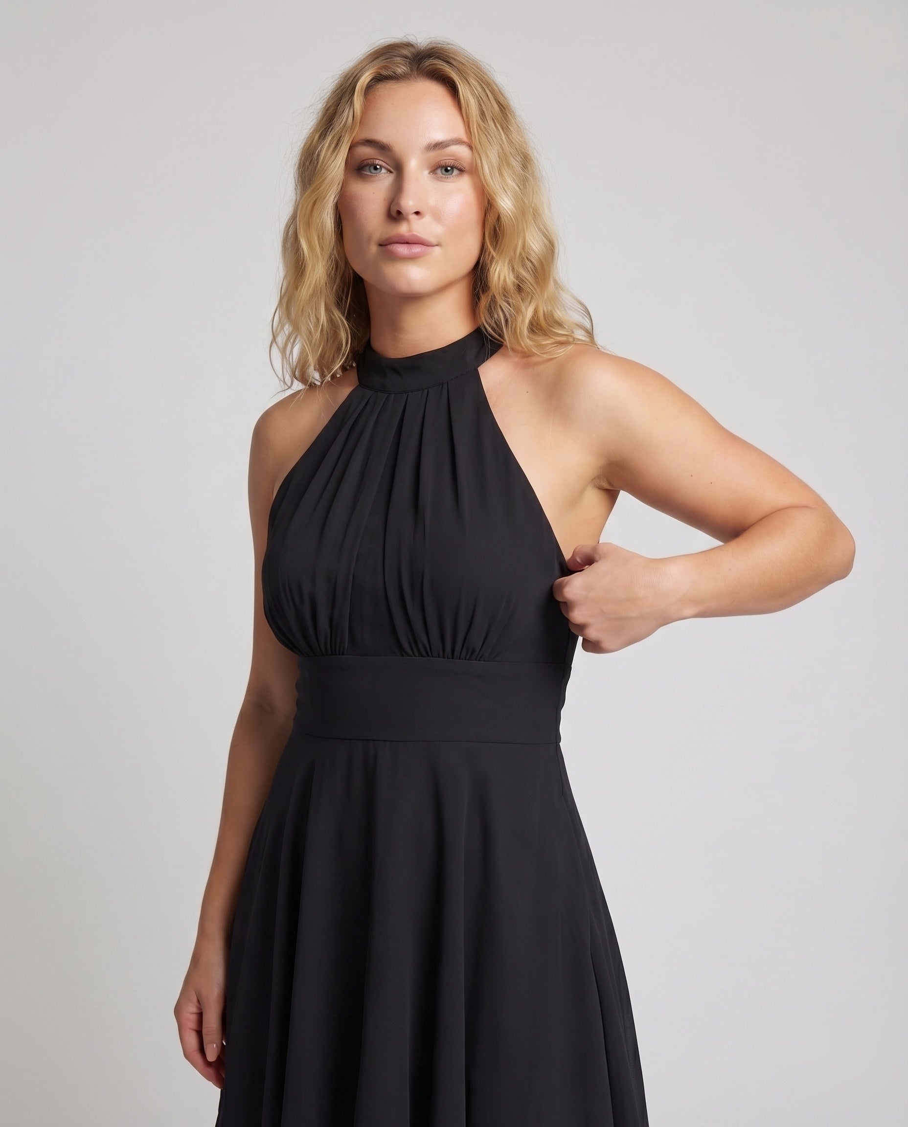 Women Halter Dress Chiffon Ruffle Tiered Hem - upper body detail