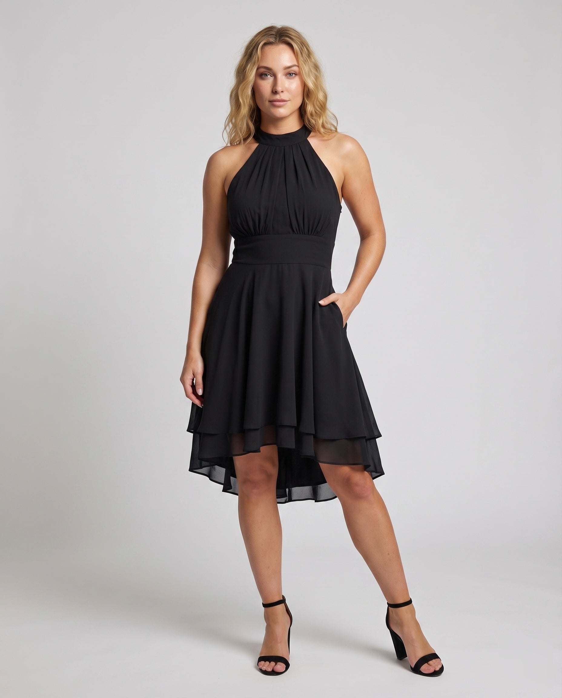 Women Halter Dress Chiffon Ruffle Tiered Hem - front view