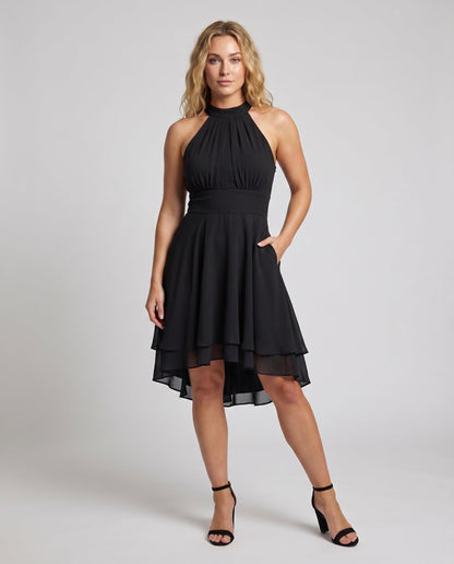 Women Halter Dress Chiffon Ruffle Tiered Hem - front view