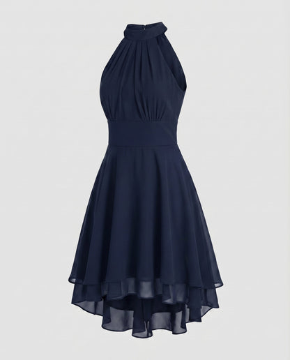 Women Halter Dress Chiffon Ruffle Tiered Hem - Dark Blue colorway