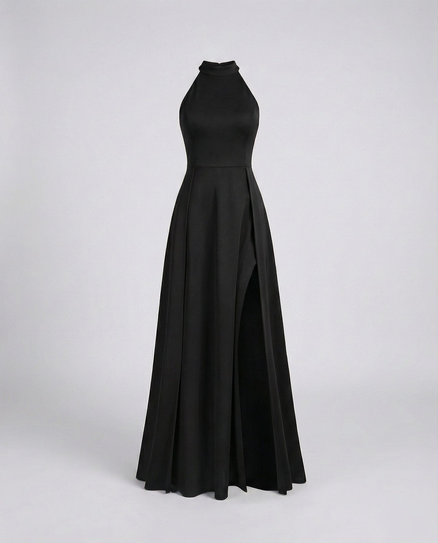 Women Halter Maxi Dress Stand-Up Collar Thigh Slit - Black colorway
