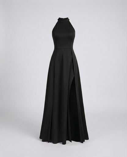 Women Halter Maxi Dress Stand-Up Collar Thigh Slit - Black colorway