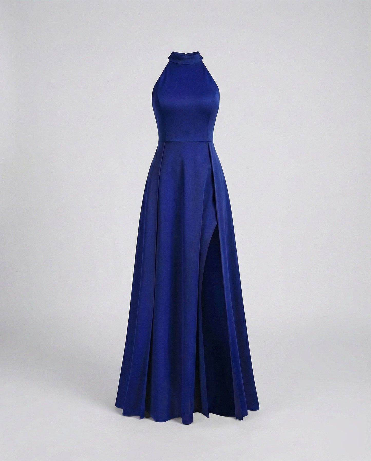 Women Halter Maxi Dress Stand-Up Collar Thigh Slit - Blue colorway