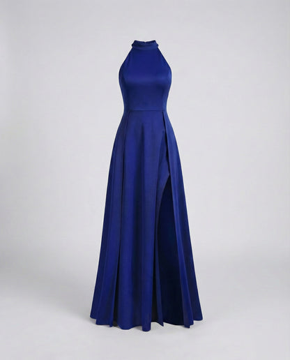 Women Halter Maxi Dress Stand-Up Collar Thigh Slit - Blue colorway