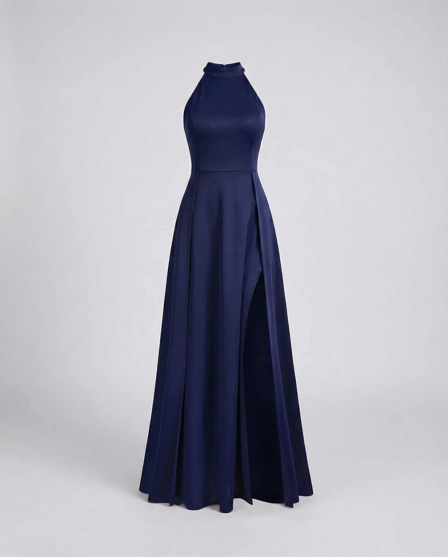Women Halter Maxi Dress Stand-Up Collar Thigh Slit - Dark Blue colorway