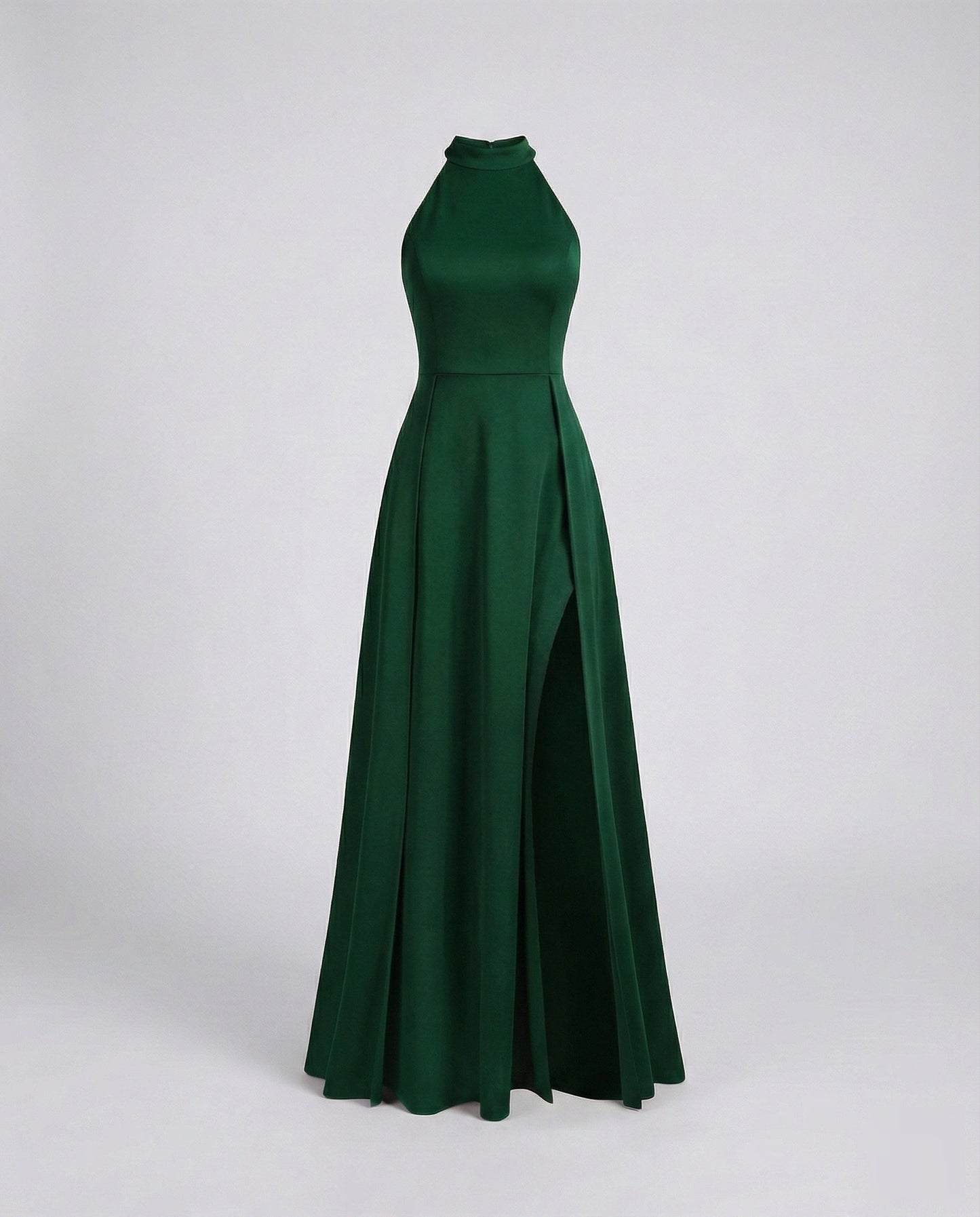 Women Halter Maxi Dress Stand-Up Collar Thigh Slit - Dark Green colorway