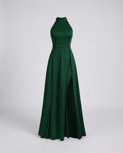 Women Halter Maxi Dress Stand-Up Collar Thigh Slit - Dark Green colorway