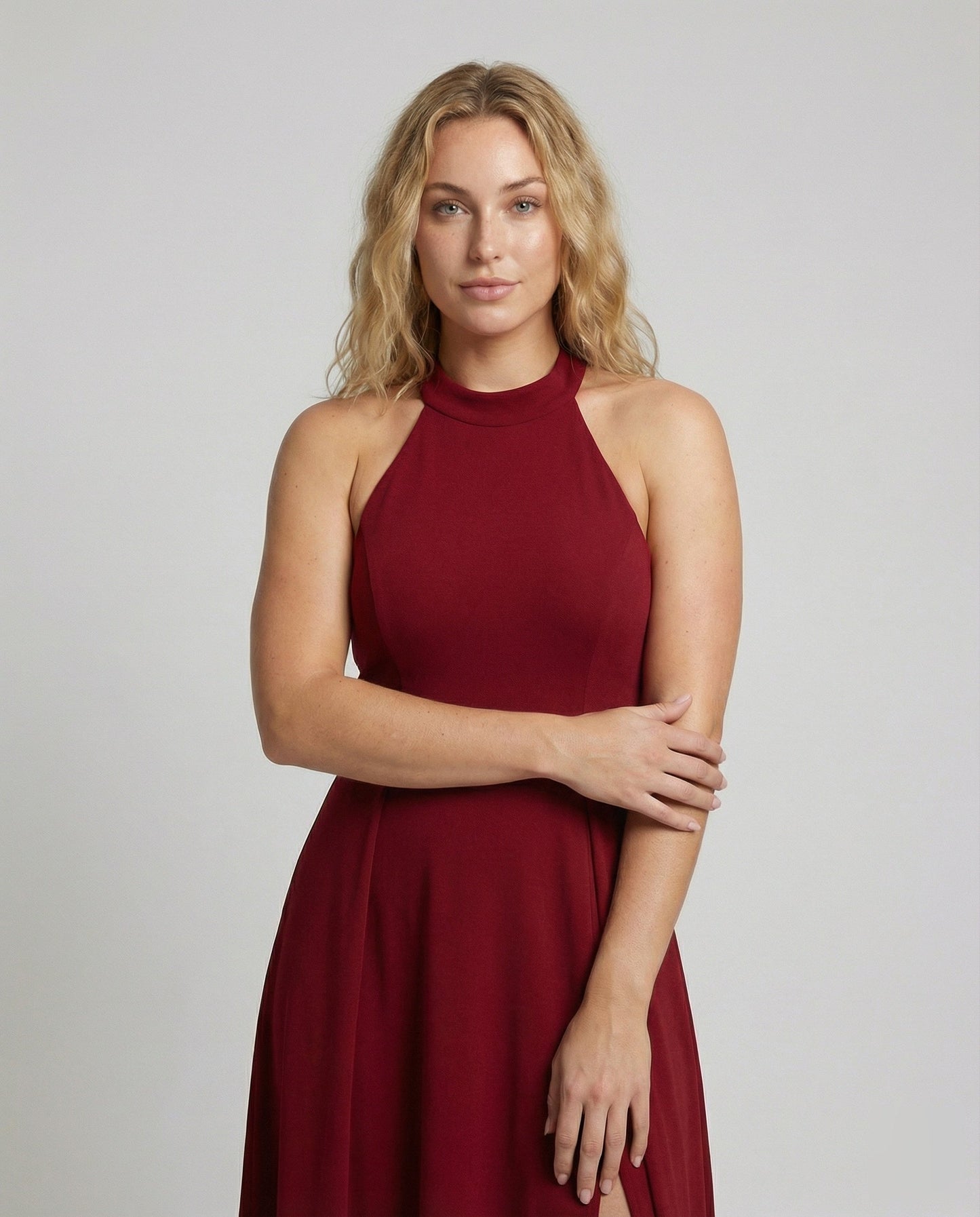 Women Halter Maxi Dress Stand-Up Collar Thigh Slit - upper body detail