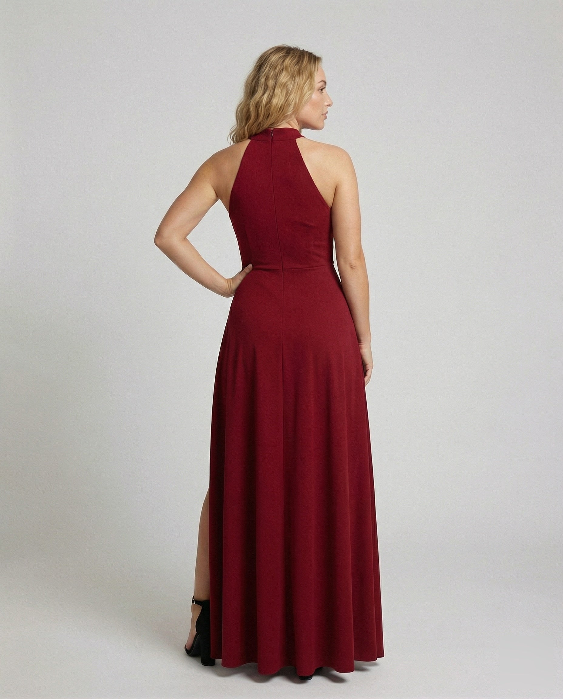 Women Halter Maxi Dress Stand-Up Collar Thigh Slit - back view