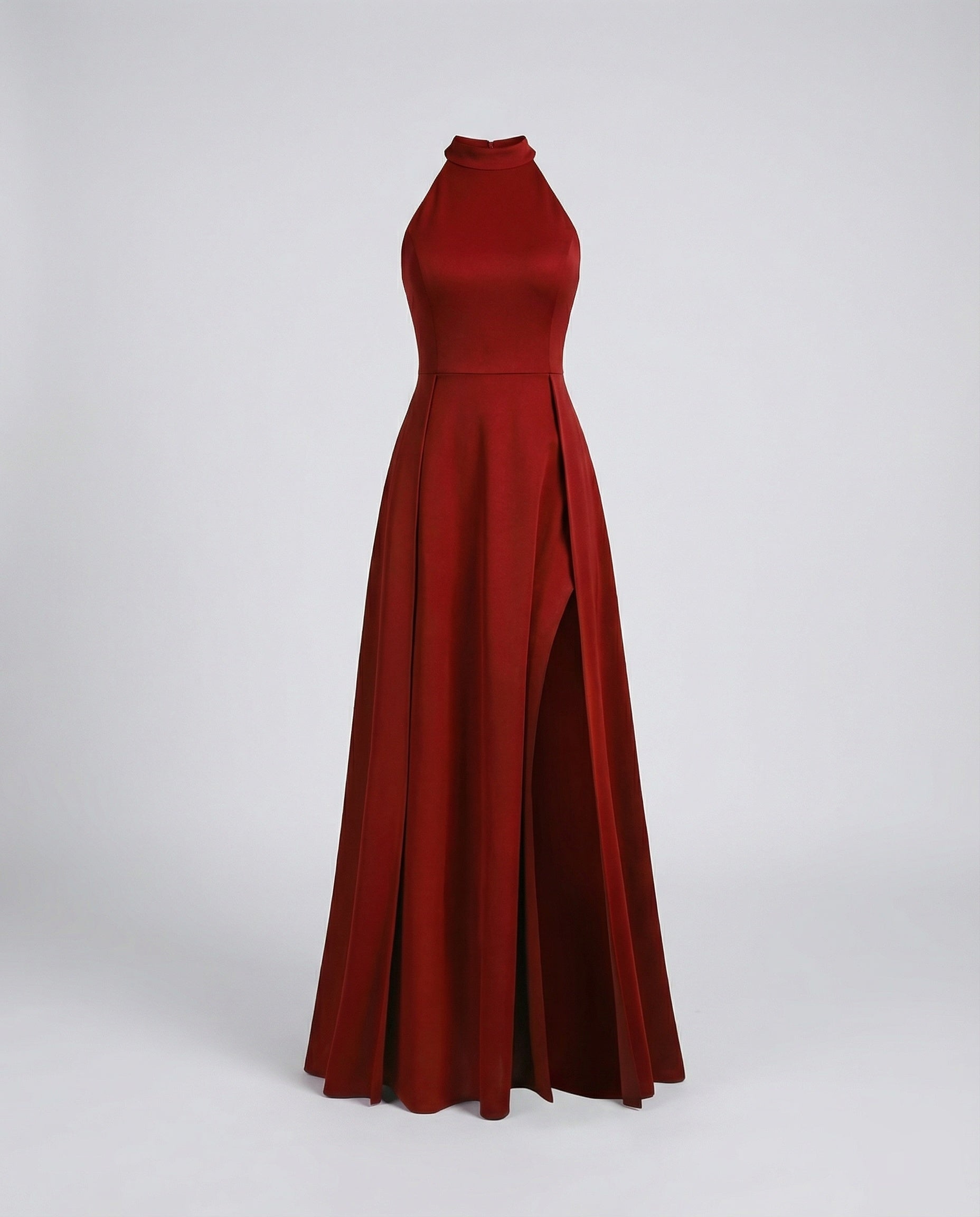 Women Halter Maxi Dress Stand-Up Collar Thigh Slit - Red colorway
