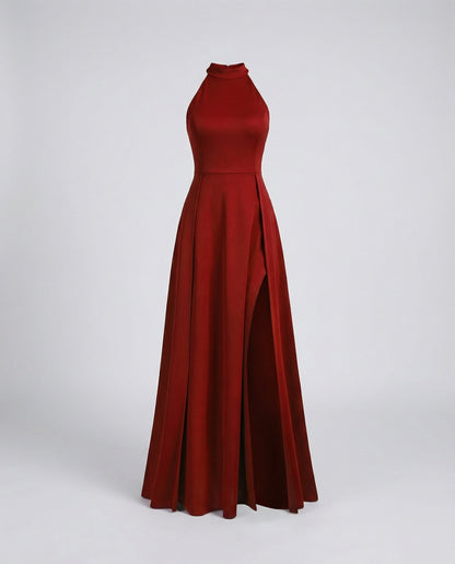 Women Halter Maxi Dress Stand-Up Collar Thigh Slit - Red colorway