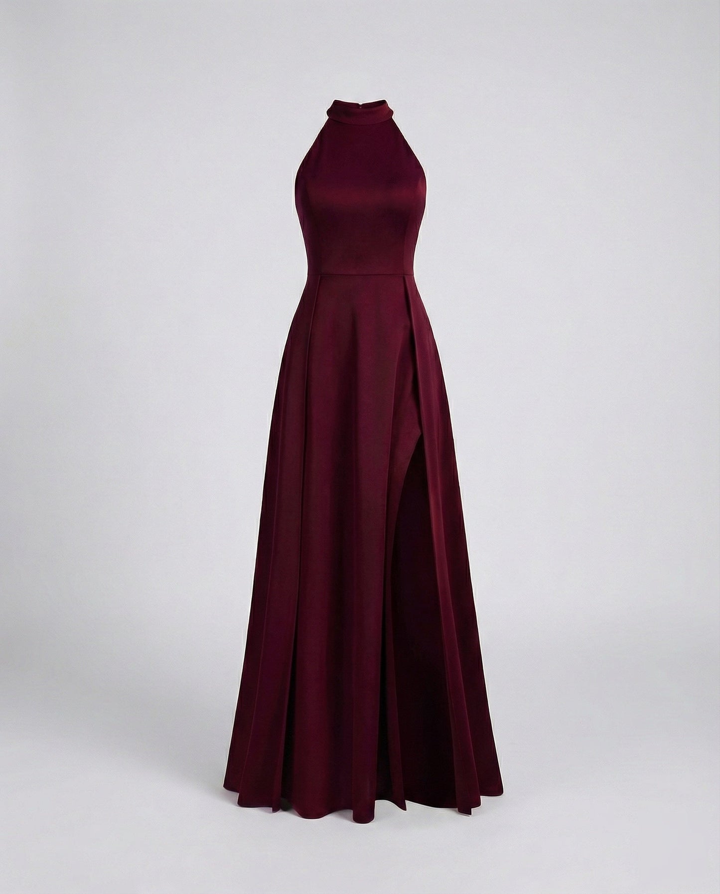 Women Halter Maxi Dress Stand-Up Collar Thigh Slit - Wine Red colorway