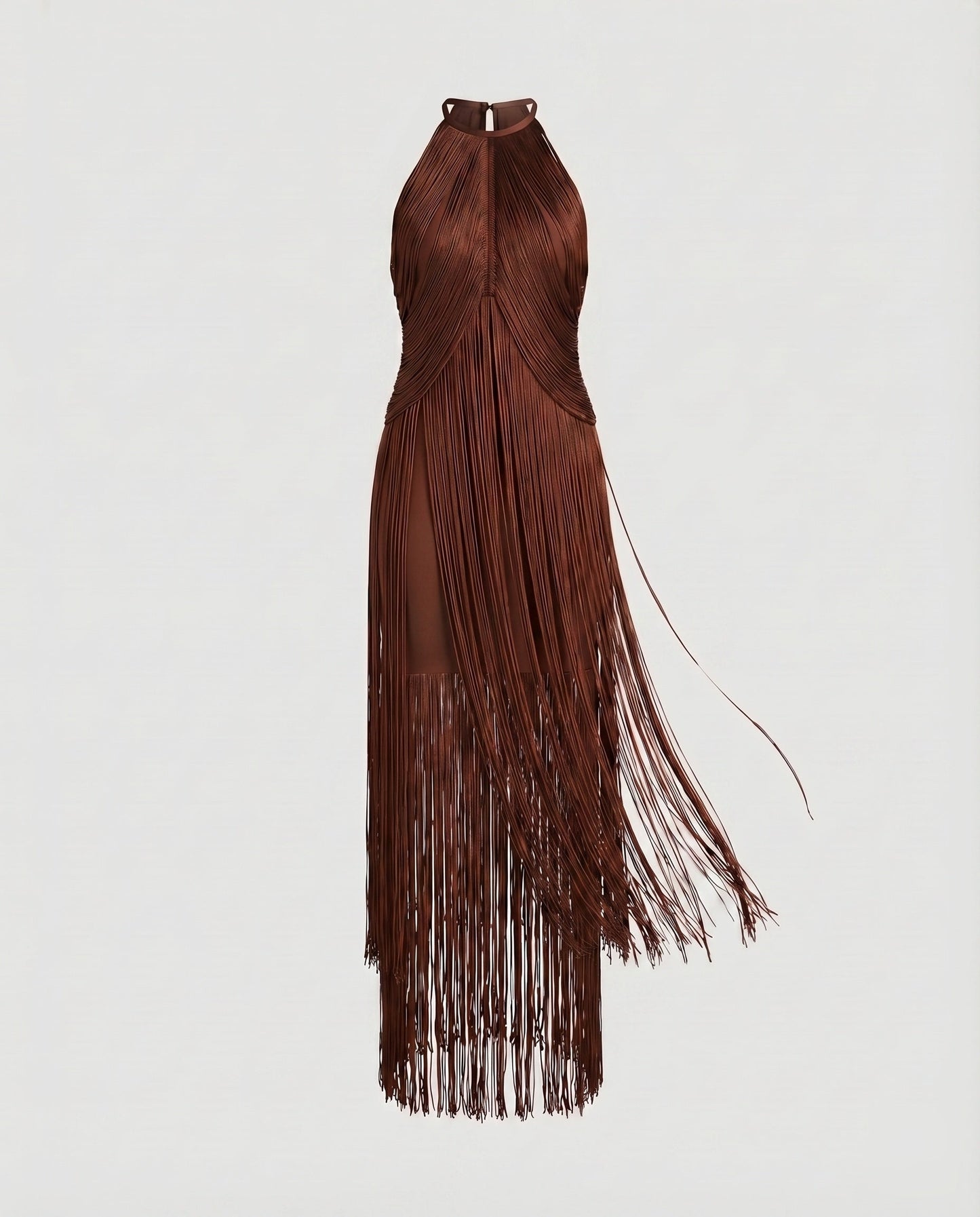 Women Halter Midi Dress Fringe Overlay Elastic Underdress - Brown colorway