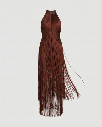 Women Halter Midi Dress Fringe Overlay Elastic Underdress - Brown colorway