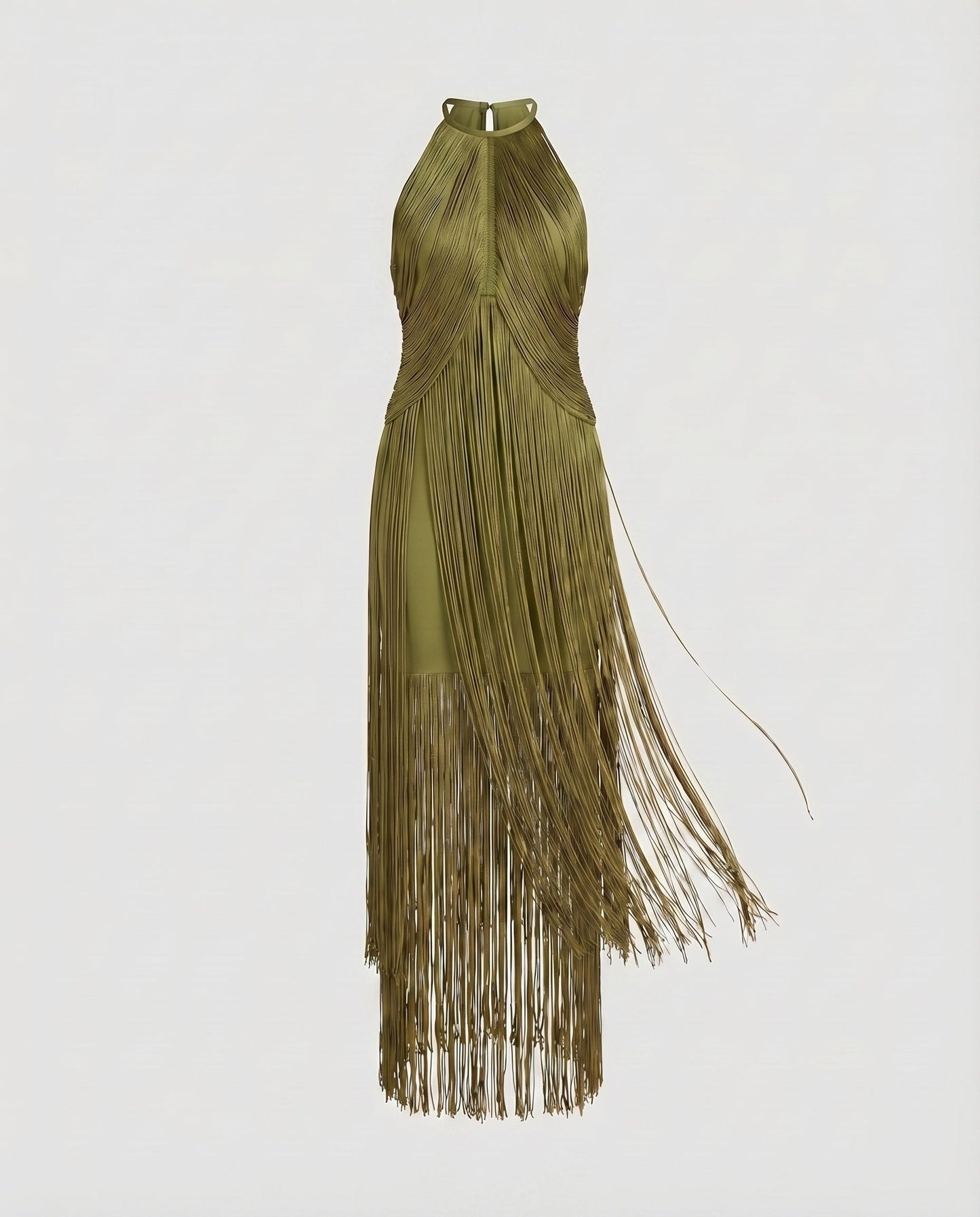 Women Halter Midi Dress Fringe Overlay Elastic Underdress - Green colorway