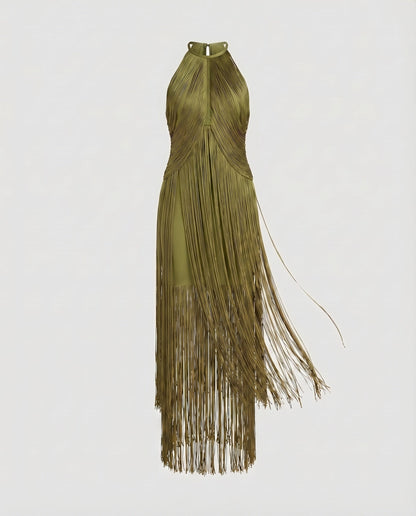 Women Halter Midi Dress Fringe Overlay Elastic Underdress - Green colorway