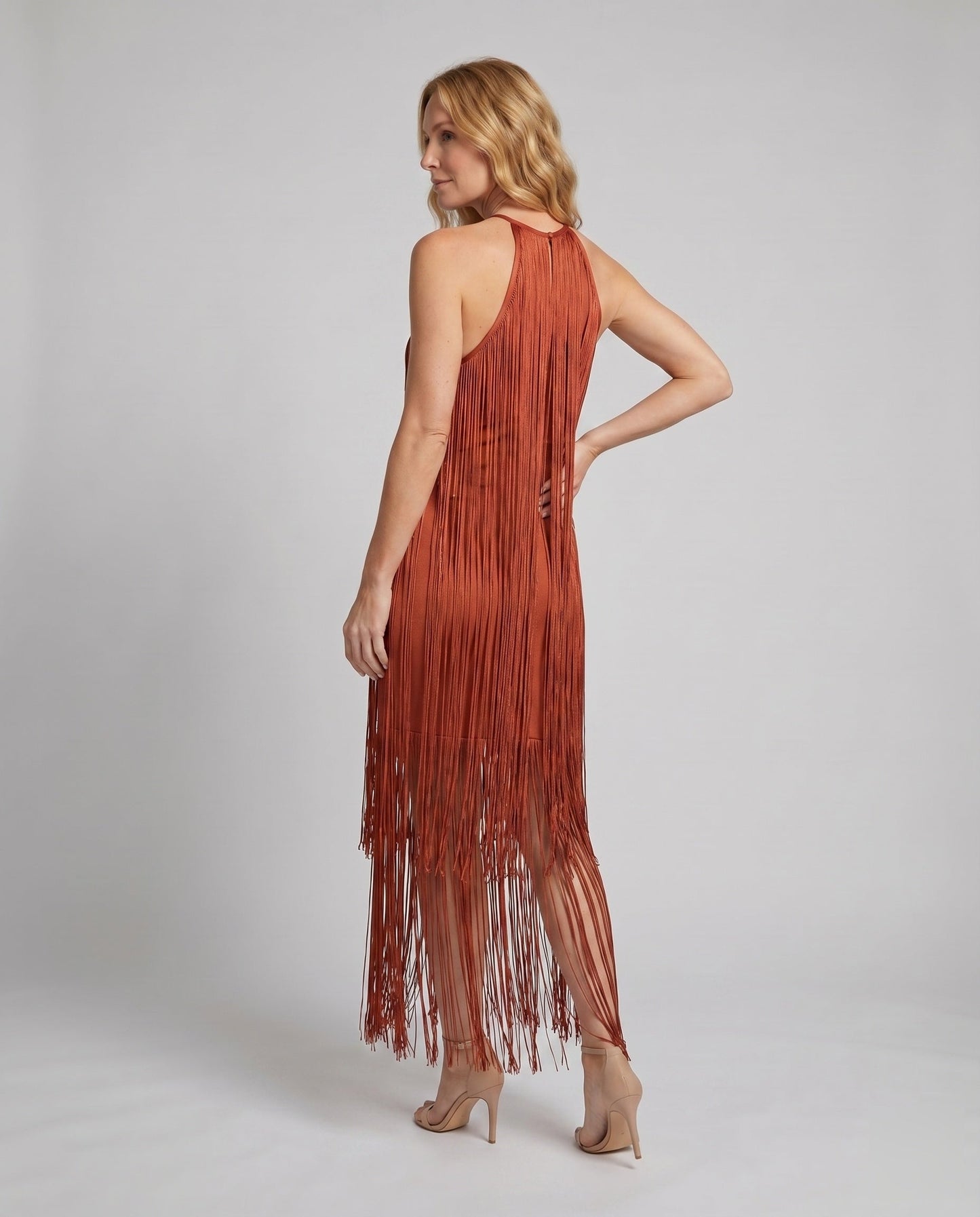 Women Halter Midi Dress Fringe Overlay Elastic Underdress - back view