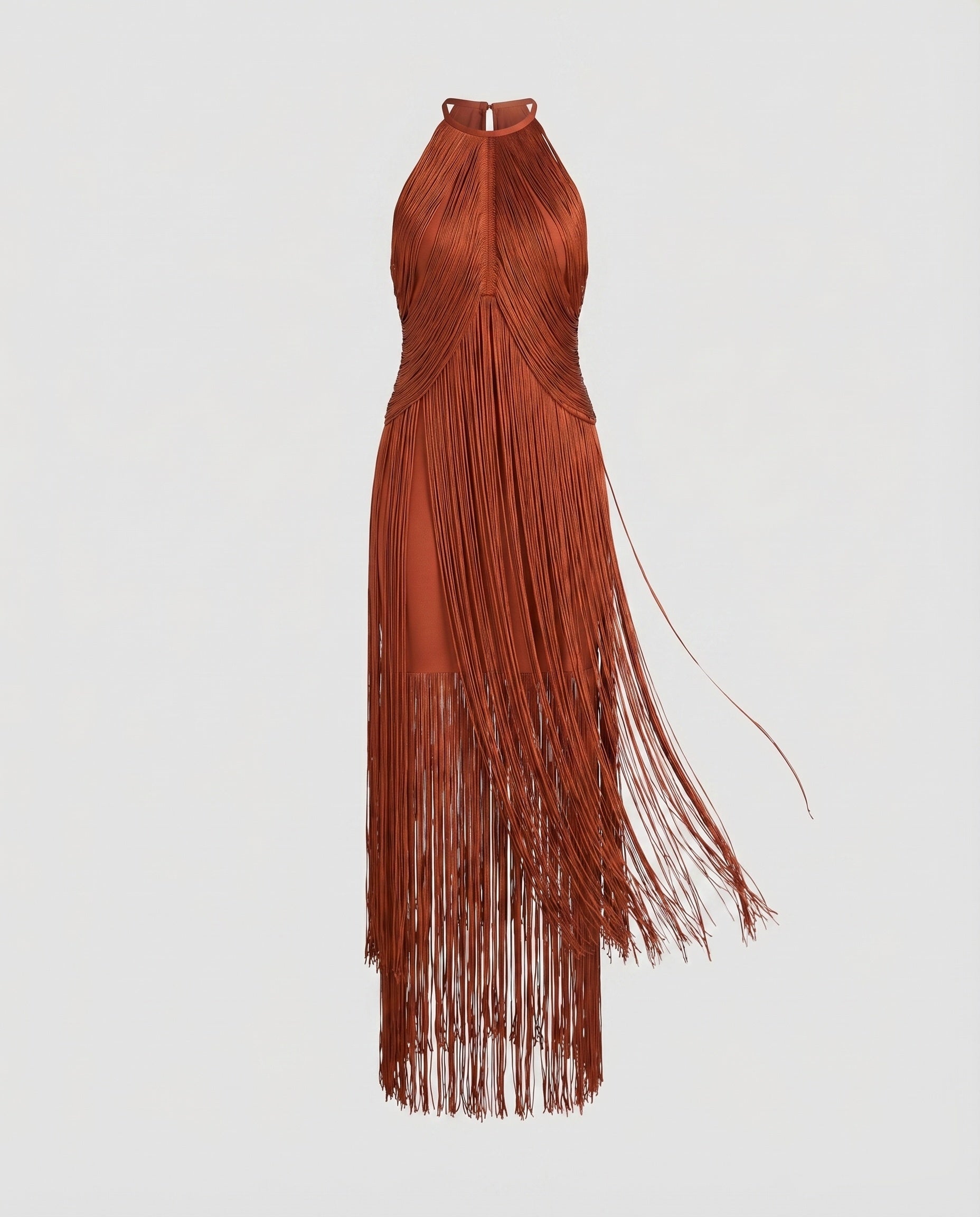 Women Halter Midi Dress Fringe Overlay Elastic Underdress - Red colorway