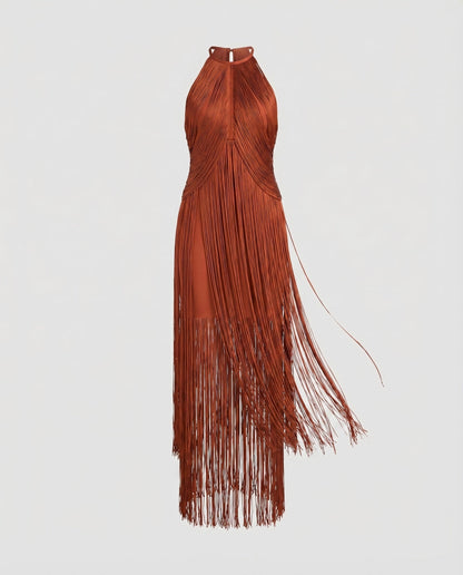 Women Halter Midi Dress Fringe Overlay Elastic Underdress - Red colorway