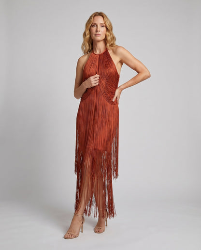 Women Halter Midi Dress Fringe Overlay Elastic Underdress - front view