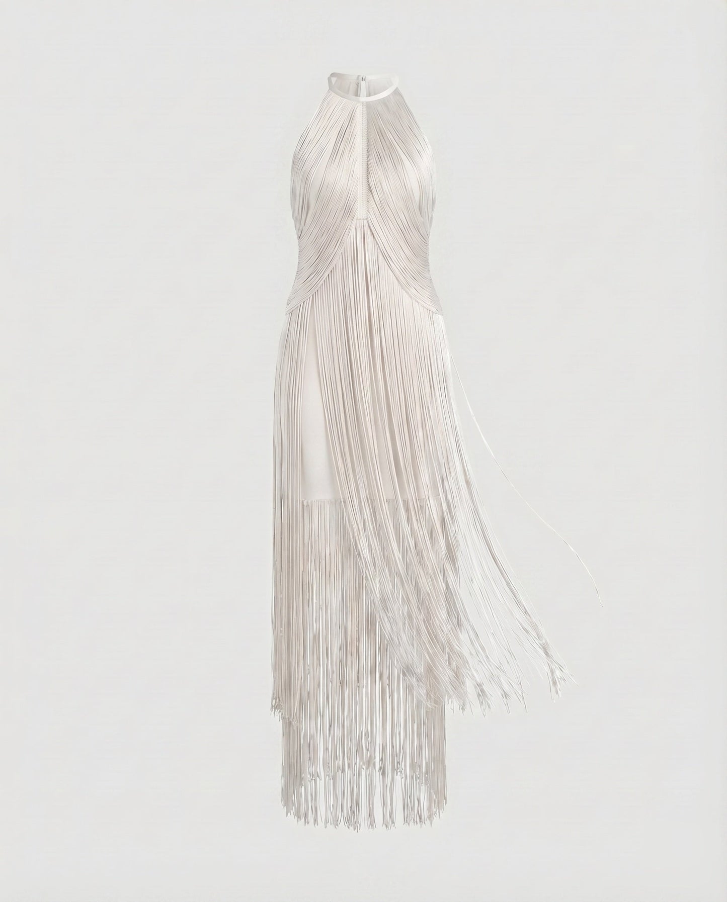 Women Halter Midi Dress Fringe Overlay Elastic Underdress - White colorway