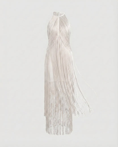 Women Halter Midi Dress Fringe Overlay Elastic Underdress - White colorway