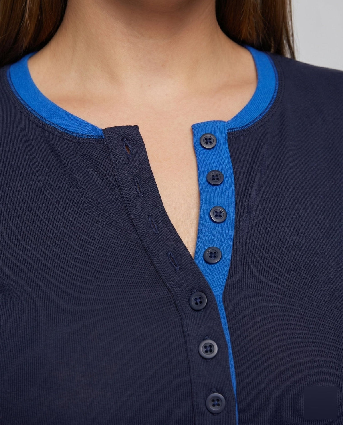 Women Long Sleeve Henley Shirt with Fashionable Button Closure and Contrasting Sleeves - Chichicherry
