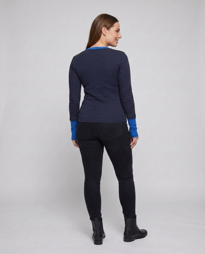 Women Long Sleeve Henley Shirt with Fashionable Button Closure and Contrasting Sleeves - Chichicherry