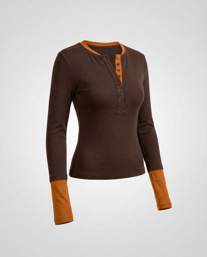 Women Long Sleeve Henley Shirt with Fashionable Button Closure and Contrasting Sleeves - Chichicherry