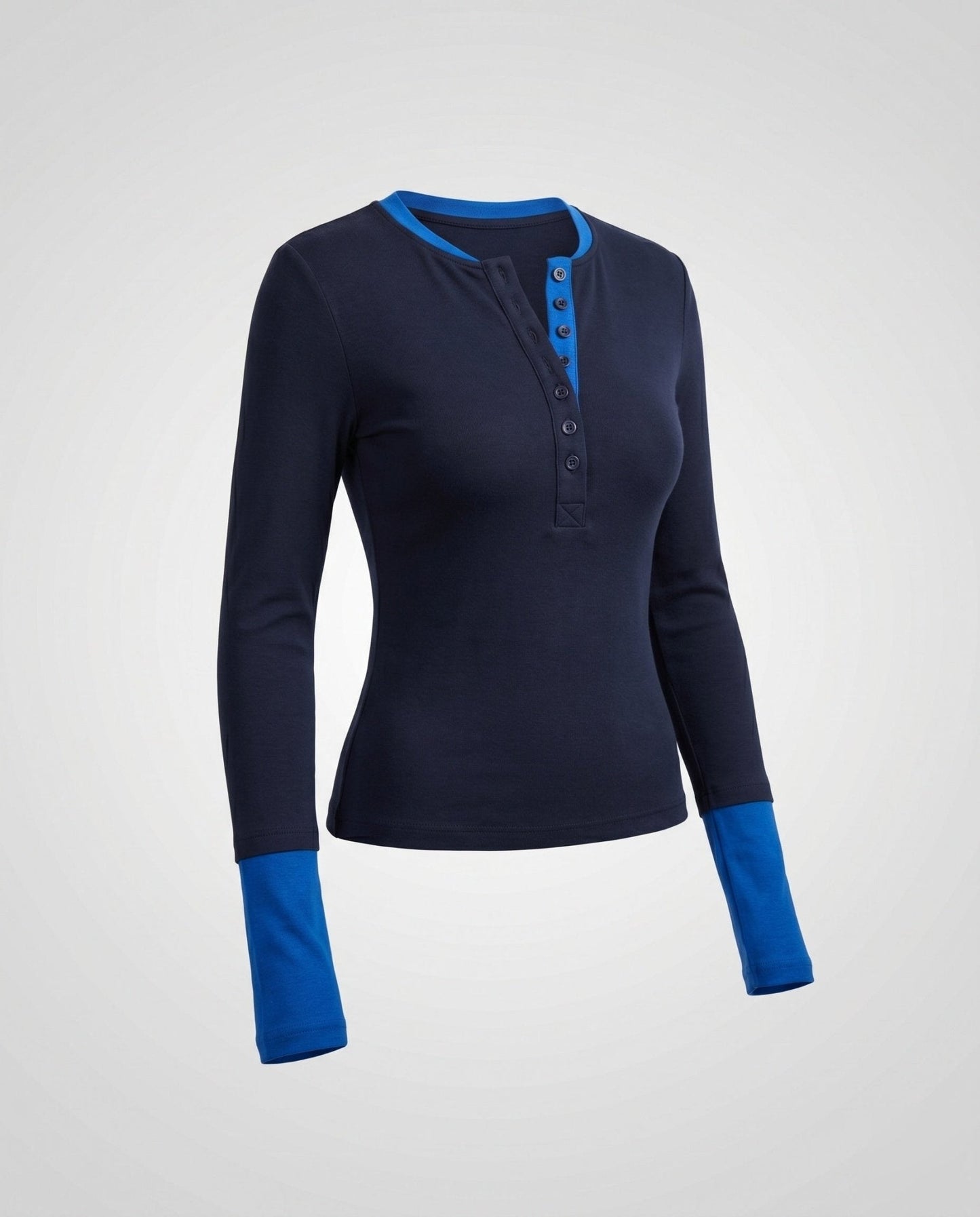 Women Long Sleeve Henley Shirt with Fashionable Button Closure and Contrasting Sleeves - Chichicherry