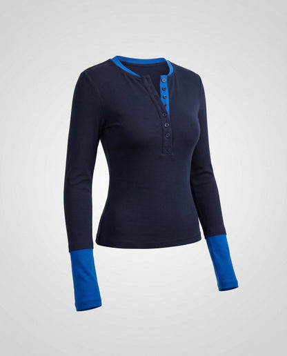 Women Long Sleeve Henley Shirt with Fashionable Button Closure and Contrasting Sleeves - Chichicherry