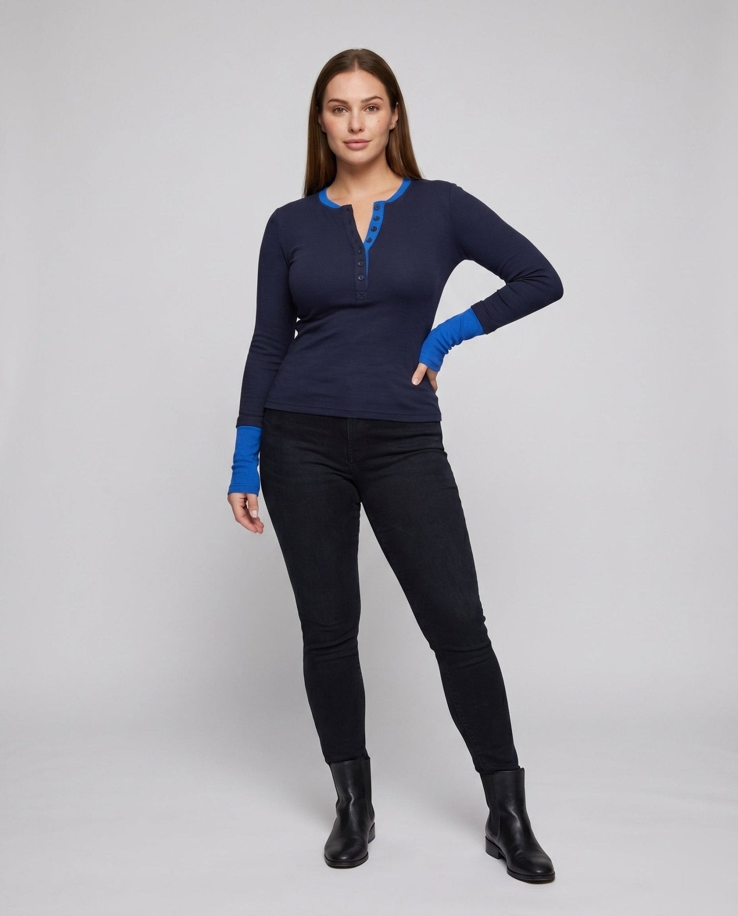 Women Long Sleeve Henley Shirt with Fashionable Button Closure and Contrasting Sleeves - Chichicherry