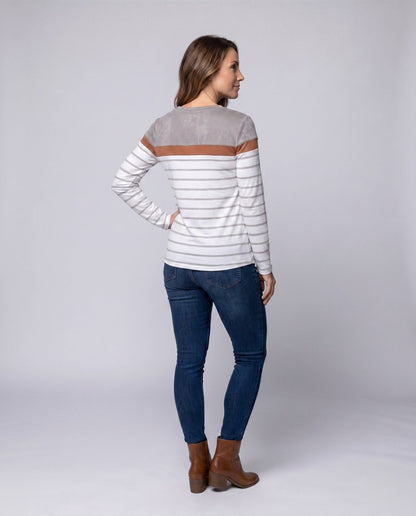 Women Long Sleeve Shirt with Fashionable Stripe Pattern and Elegant Details - Chichicherry