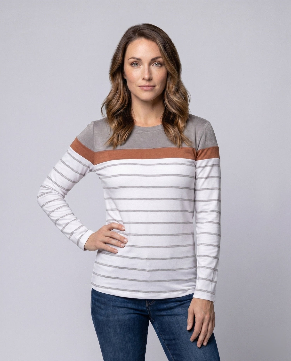 Women Long Sleeve Shirt with Fashionable Stripe Pattern and Elegant Details - Chichicherry