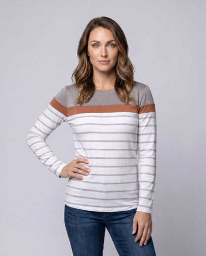 Women Long Sleeve Shirt with Fashionable Stripe Pattern and Elegant Details - Chichicherry