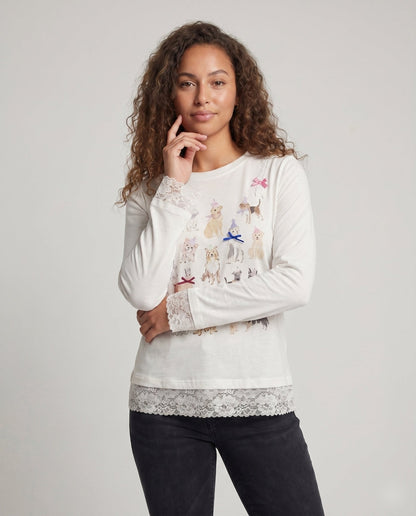 Women long sleeve shirt with playful animal motif and lace border - Chichicherry