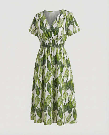 Women Midi Dress V-Neck Elastic Waistband Swinging A-Line - Apricot colorway