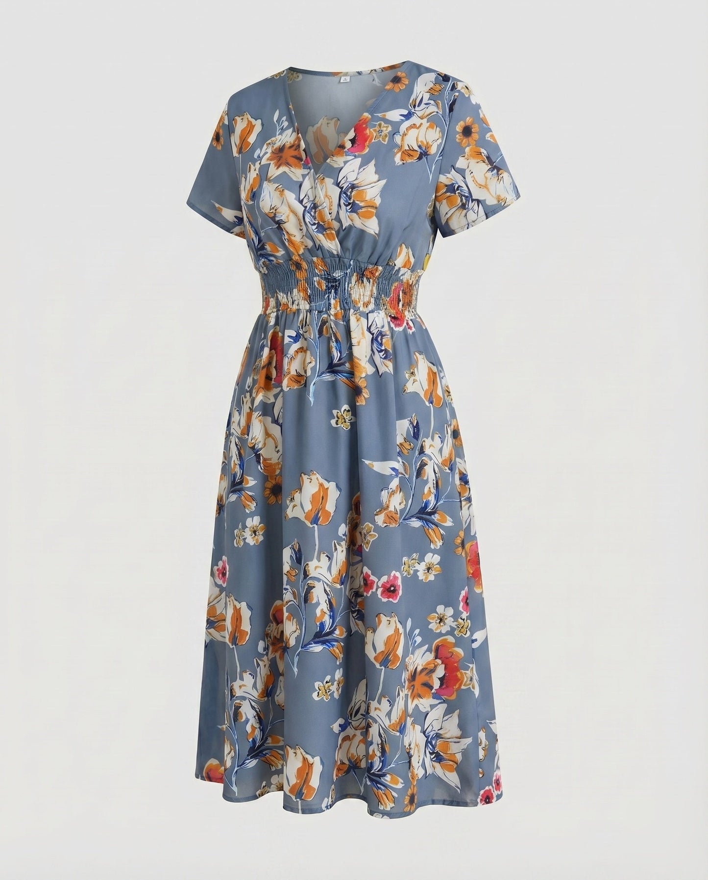 Women Midi Dress V-Neck Elastic Waistband Swinging A-Line - Blue Grey colorway