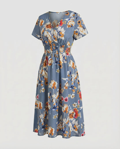 Women Midi Dress V-Neck Elastic Waistband Swinging A-Line - Blue Grey colorway