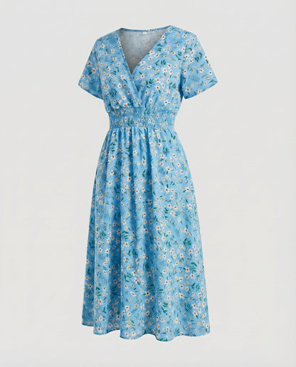 Women Midi Dress V-Neck Elastic Waistband Swinging A-Line - Blue colorway