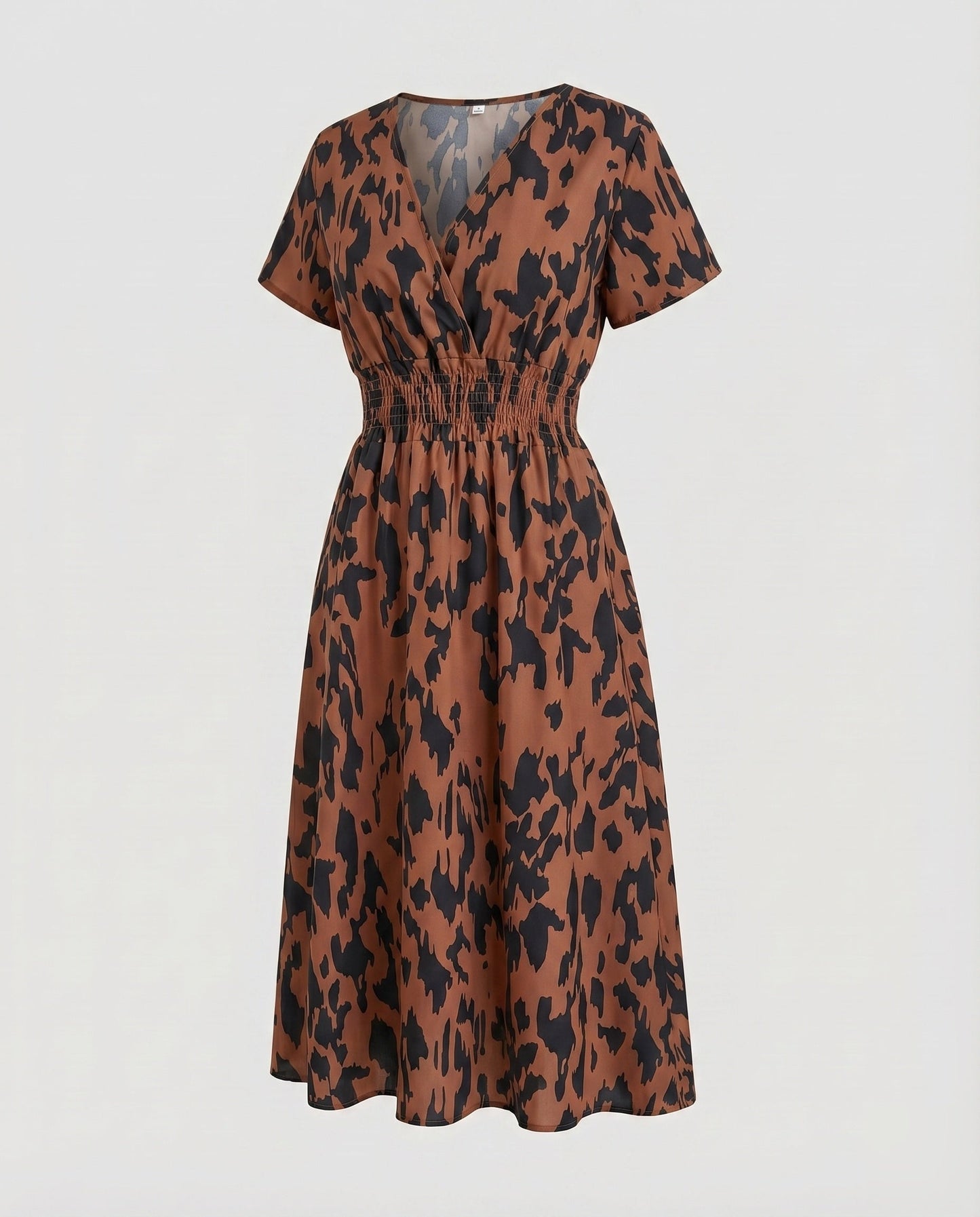 Women Midi Dress V-Neck Elastic Waistband Swinging A-Line - Brown colorway