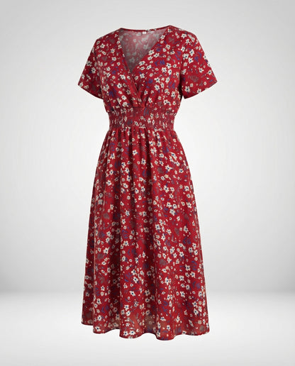 Women Midi Dress V-Neck Elastic Waistband Swinging A-Line - Cream colorway